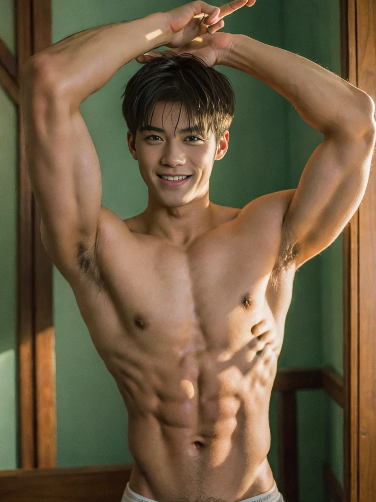 ((masterpiece)), ((best quality)), ((high resolution)), ((Detailed background)), ((Extremely detailed CG unified 8k wallpaper)), alone, Young men,white hair,short hair,Smile,thin waist，6-pack abs，sexly pectoral muscles,sexly, Thin stature,detailed body, The perspective is viewed from the bottom up ,