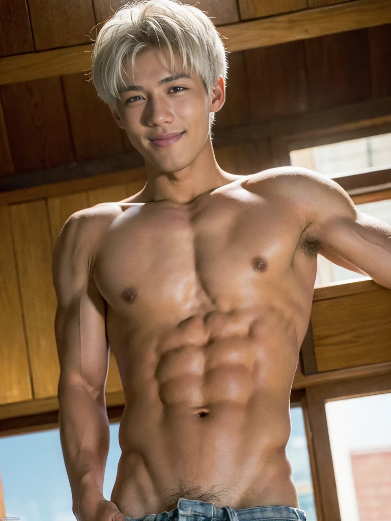 ((masterpiece)), ((best quality)), ((high resolution)), ((Detailed background)), ((Extremely detailed CG unified 8k wallpaper)), alone, Young men,white hair,short hair,Smile,thin waist,6-pack abs,sexly pectoral muscles,sexly, Thin stature,detailed body, The perspective is viewed from the bottom up ,