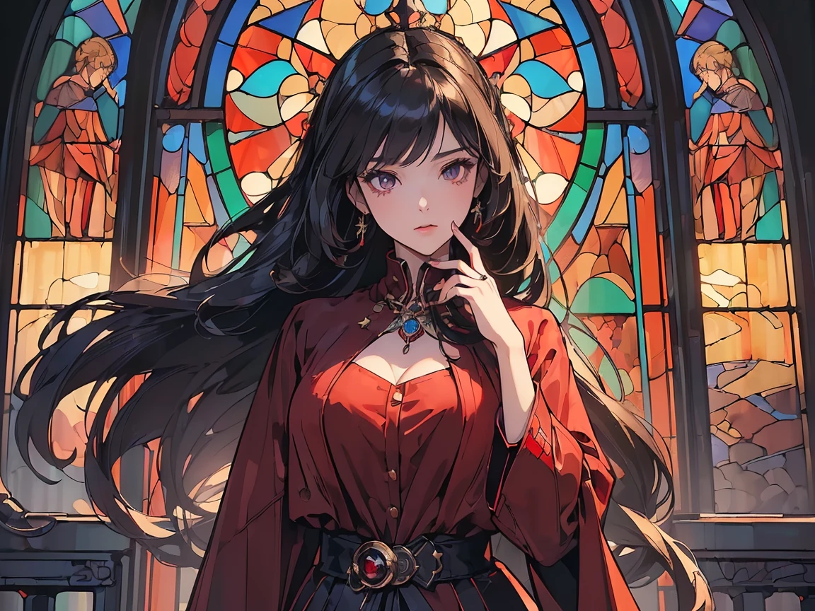 (((Best quality, 8k, Masterpiece: 1.3)), ((best quality)), ((masterpiece)), (detailed), perfect face, high resolution, Textured skin, anime style, Vintage jacket suit, Woman with dark hair, long hair reaching down to her waist, She is wearing a red ruby ​​ring on her right ring finger, Turn away, Background (stained glass, church)