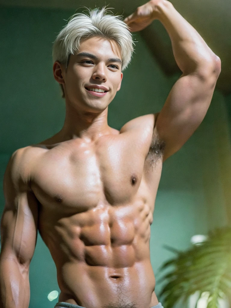 ((masterpiece)), ((best quality)), ((high resolution)), ((Detailed background)), ((Extremely detailed CG unified 8k wallpaper)), alone, Young men,white hair,short hair,Smile,thin waist，6-pack abs，sexly pectoral muscles,sexly, Thin stature,detailed body, The perspective is viewed from the bottom up ,