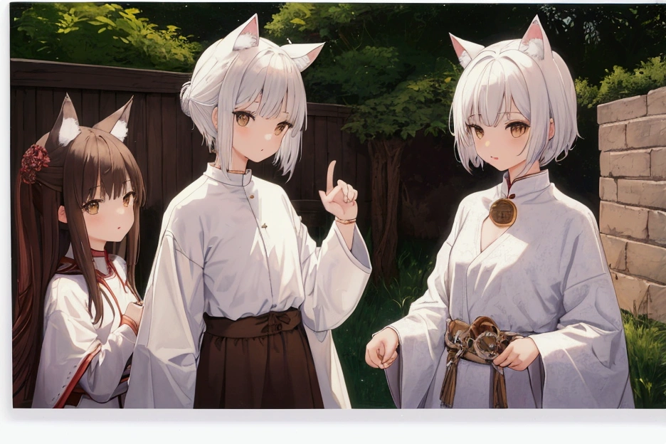 (Printed Polaroid Photo\(2females and 2 girls NFSW cute,cute Five fingers Five fingers Small wolf ears Small wolf ears White Shorthair Brown short hair Petite Petite Normal chest Normal chest first round first round Samurai in white clothes Wizard in brown clothes The background is the castle wall