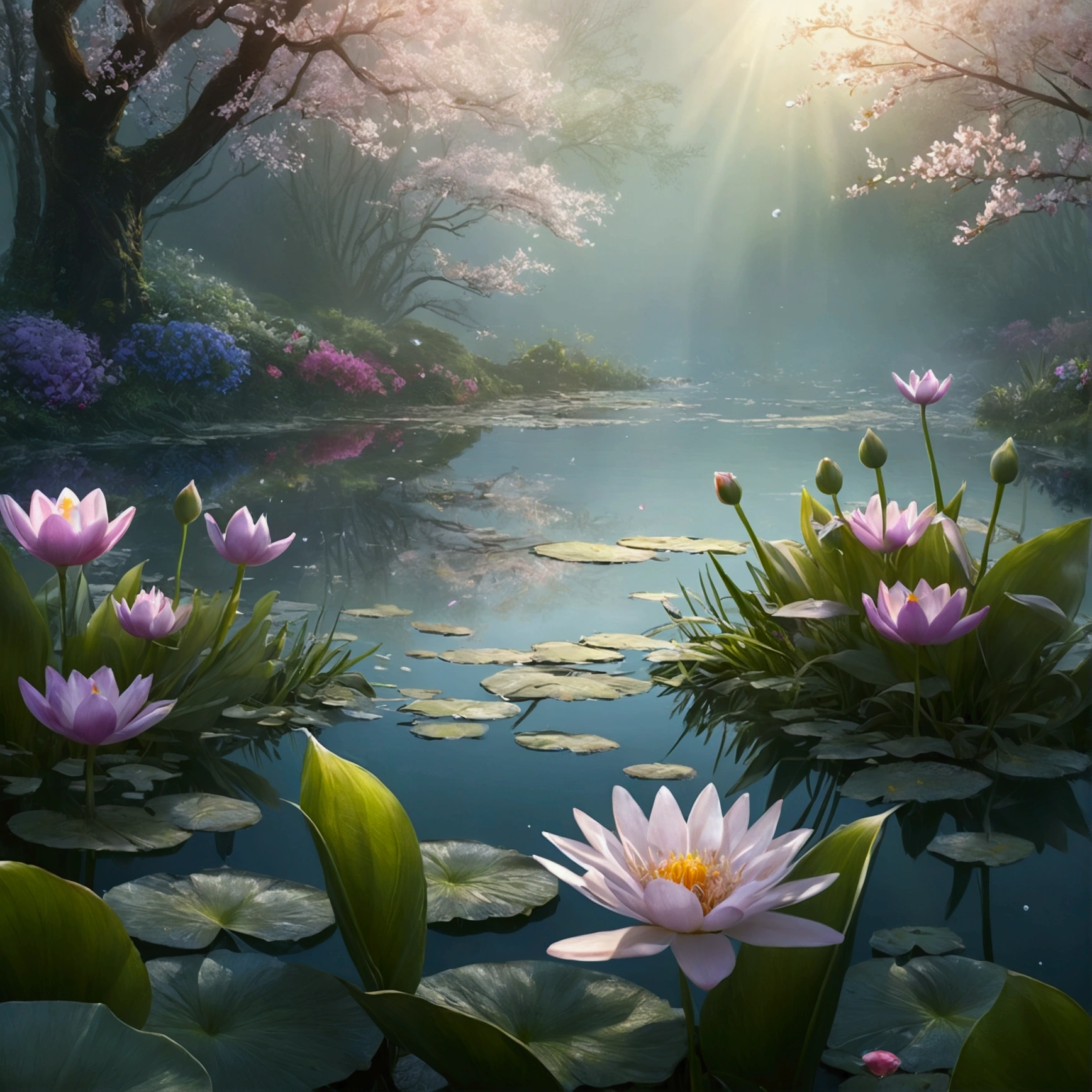 Everything is expressed in jewels, The arrival of spring, Foggy Pond,Cute Fairy, wonderful scenery, Transparency, View from below, Falling from the sky々A gem, Amazingly beautiful scenery, Slightly hazy, wonderful, High resolution, 8k, (Highest quality, High resolution, Realistic:1.37), Shiny metallic flowers, Intricate and delicate petals, Reflective surface, Vibrant colors, Intricate details, Close-up view, 超Realisticな庭園, 超Realisticな美しさ, Dreamy atmosphere, Fine art, Abstract Plants, Metallic engraving, Contrasting Textures, Mysterious glow