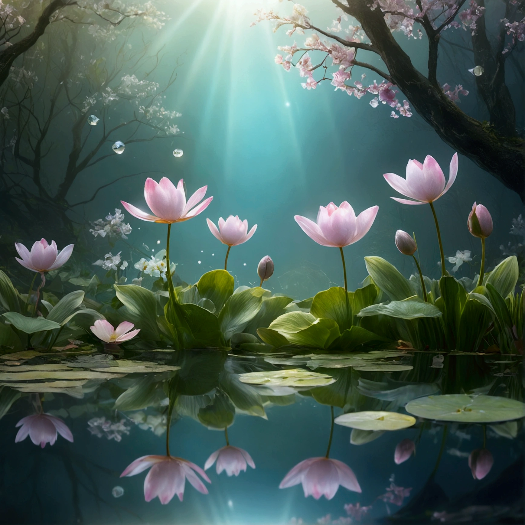 Everything is expressed in jewels, The arrival of spring, Foggy Pond,Cute Fairy, wonderful scenery, Transparency, View from below, Falling from the sky々A gem, Amazingly beautiful scenery, Slightly hazy, wonderful, High resolution, 8k, (Highest quality, High resolution, Realistic:1.37), Shiny metallic flowers, Intricate and delicate petals, Reflective surface, Vibrant colors, Intricate details, Close-up view, 超Realisticな庭園, 超Realisticな美しさ, Dreamy atmosphere, Fine art, Abstract Plants, Metallic engraving, Contrasting Textures, Mysterious glow