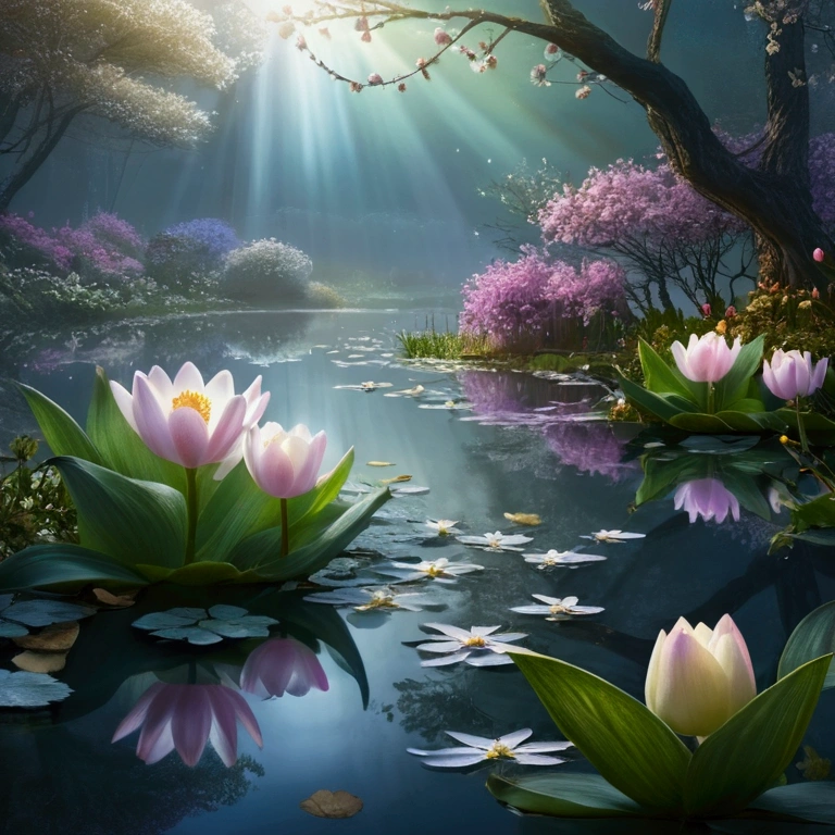 Everything is expressed in jewels, The arrival of spring, Foggy Pond,Cute Fairy, wonderful scenery, Transparency, View from below, Falling from the sky々A gem, Amazingly beautiful scenery, Slightly hazy, wonderful, High resolution, 8k, (Highest quality, High resolution, Realistic:1.37), Shiny metallic flowers, Intricate and delicate petals, Reflective surface, Vibrant colors, Intricate details, Close-up view, 超Realisticな庭園, 超Realisticな美しさ, Dreamy atmosphere, Fine art, Abstract Plants, Metallic engraving, Contrasting Textures, Mysterious glow