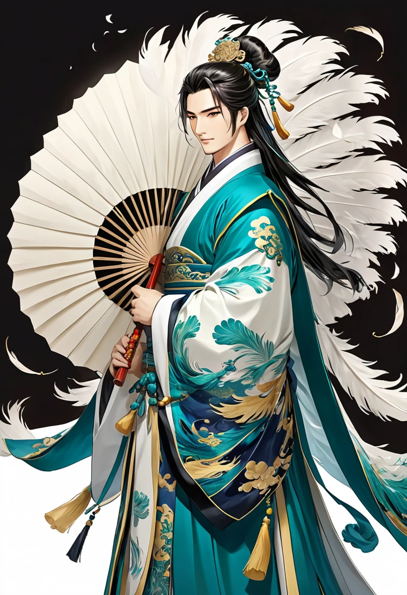 Zhuge Gongming holding a large fan made of feathers. No Background.