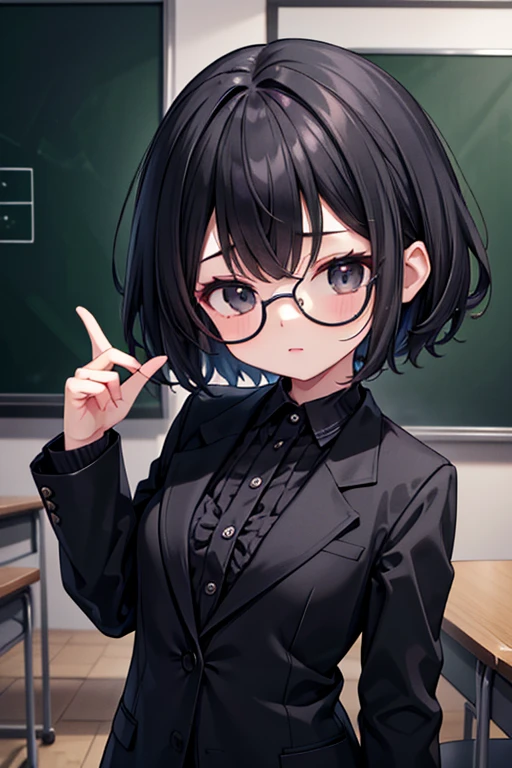 black suits,sunglass,masterpiece,extremely detailed,highres,8k,(small breasts),cute,kawaii,1girl,black hair,10yo,short hair,standing,black eyes,in classroom background,