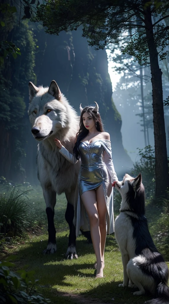 An unparalleled 8K UHD professional photograph that stands as a testament to the zenith of artistic vision, set against the backdrop of a spellbinding fantasy realm. At the heart of this realm is a 19-year-old girl, a figure of sublime beauty with cascading soft silver hair that glimmers like strands of starlight. Her presence is a harmonious contradiction: while her visage radiates innocence, her amazingly elegantly arched black devil horns unveil her true identity as a bona fide real demon. These devil horns, majestic yet menacing, are a perfect embodiment of her dual nature, blending seamlessly with her enchanting allure.
Her pale hands, captured in exquisite detail, are not just visually striking but are also imbued with the narrative of her demonic heritage, each line and curve a whisper of her ancient lineage. By her side stands a majestic, enigmatic giant wolf, a noble companion whose presence complements her own formidable essence. Their bond transcends the ordinary, radiating a joy that is both pure and deeply rooted in their shared mystical bond.
The scene is bathed in a resplendent natural light that not only illuminates but also enhances the surreal elements of this otherworldly setting. The light weaves through her hair, dances around her horns, and casts a noble glow on her scary giant wolf companion, against a backdrop that is vibrant and dreamlike. This composition is a masterful interplay of light and shadow, adding depth and dimension, and rendering every texture so vivid that it feels tangible.
This photograph is more than a visual feast; it's an immersive experience. The viewer is not merely observing but is drawn into a world where the line between reality and fantasy blurs, touched by the beauty, mystery, and intrinsic joy of this demon girl and her mythical wolf. It's a portrayal that transcends the medium, capturing the essence of their otherworldly existence in a moment frozen in time.