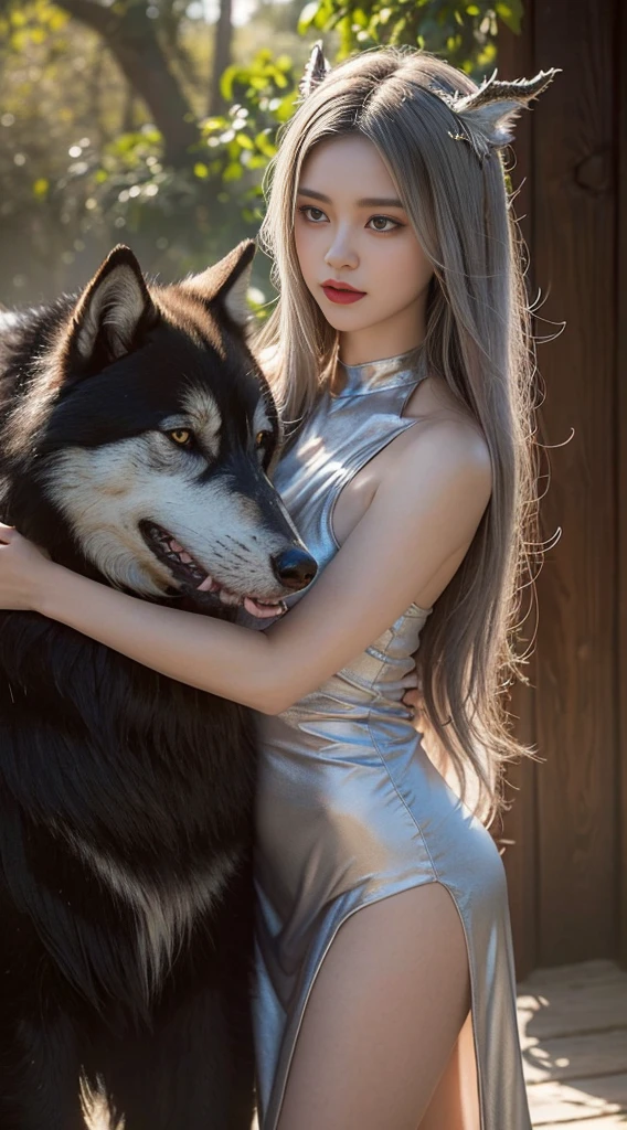 An unparalleled 8K UHD professional photograph that stands as a testament to the zenith of artistic vision, set against the backdrop of a spellbinding fantasy realm. At the heart of this realm is a 19-year-old girl, a figure of sublime beauty with cascading soft silver hair that glimmers like strands of starlight. Her presence is a harmonious contradiction: while her visage radiates innocence, her amazingly elegantly arched black devil horns unveil her true identity as a bona fide real demon. These devil horns, majestic yet menacing, are a perfect embodiment of her dual nature, blending seamlessly with her enchanting allure.
Her pale hands, captured in exquisite detail, are not just visually striking but are also imbued with the narrative of her demonic heritage, each line and curve a whisper of her ancient lineage. By her side stands a majestic, enigmatic giant wolf, a noble companion whose presence complements her own formidable essence. Their bond transcends the ordinary, radiating a joy that is both pure and deeply rooted in their shared mystical bond.
The scene is bathed in a resplendent natural light that not only illuminates but also enhances the surreal elements of this otherworldly setting. The light weaves through her hair, dances around her horns, and casts a noble glow on her scary giant wolf companion, against a backdrop that is vibrant and dreamlike. This composition is a masterful interplay of light and shadow, adding depth and dimension, and rendering every texture so vivid that it feels tangible.
This photograph is more than a visual feast; it's an immersive experience. The viewer is not merely observing but is drawn into a world where the line between reality and fantasy blurs, touched by the beauty, mystery, and intrinsic joy of this demon girl and her mythical wolf. It's a portrayal that transcends the medium, capturing the essence of their otherworldly existence in a moment frozen in time.