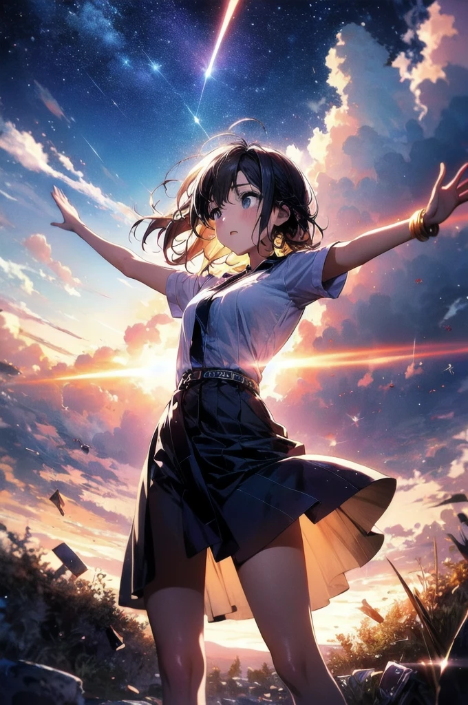Absurd, High resolution, (Official Art, beautifully、aesthetic:1.2), close, A girl raising her arms from below, Bright Sky, A vast world, stare, Awe-inspiring expressions, Distant Horizon, cloud, High Hill, Natural Beauty, Inspiration, Night Sky, Shining Star,
Upstyle