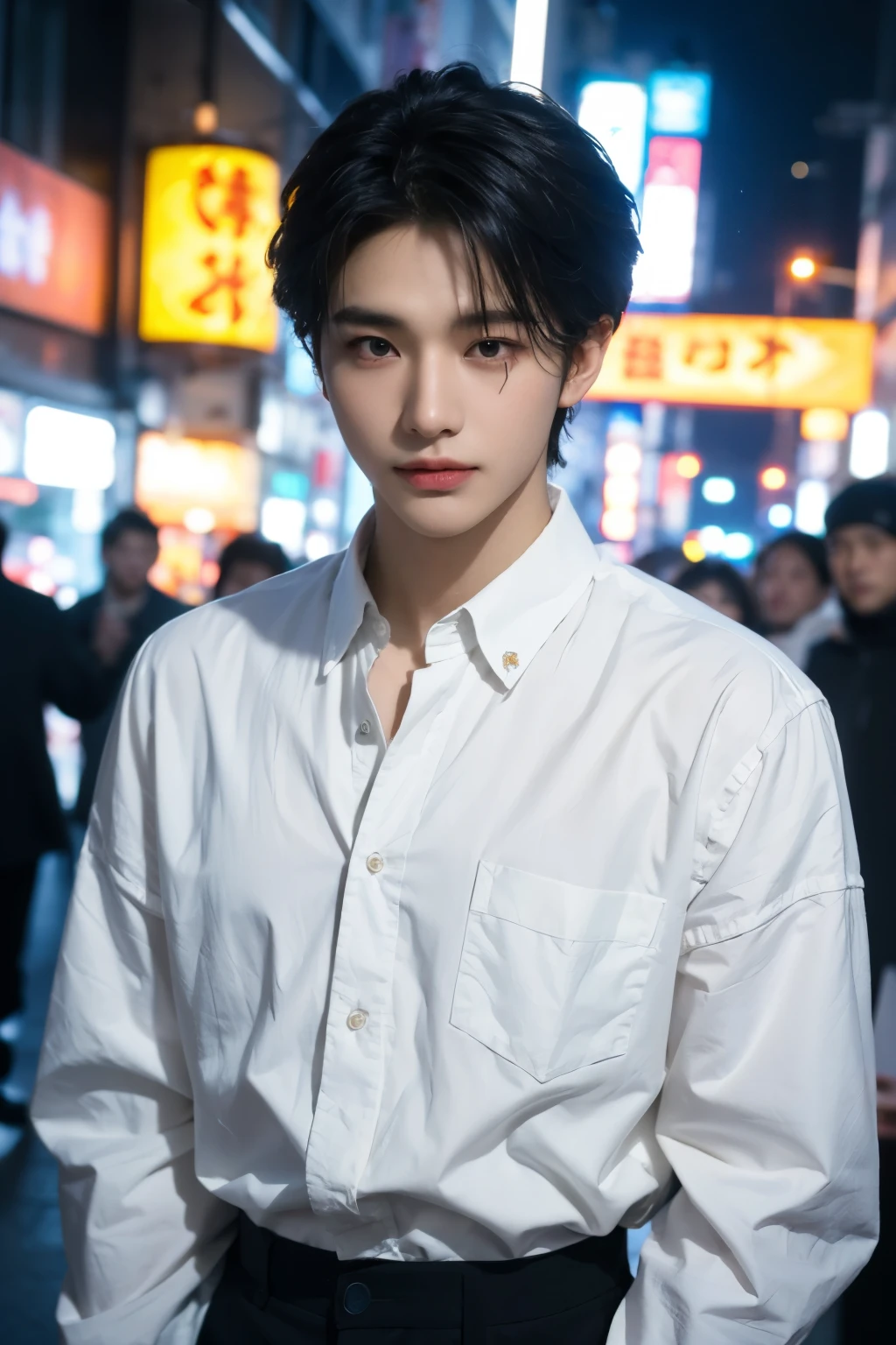((highest quality, 8K, masterpiece: 1.3)), Tokyo City、Handsome boy in street fashion:1.5, 20-year-old、Delinquent boy、 well-groomed face, black hair color、thin face、(white skin:1.5)、whole body、black eyes、boy with makeup、Super handsome、sexy eyes、Extra-fine face, handsome nose, small eyes and face, beautiful lighting, High resolution, detailed mouth, smile, perfect body shape、super slim,medium hair、silveraccessories、fulhair、silveraccessories、middle body shot