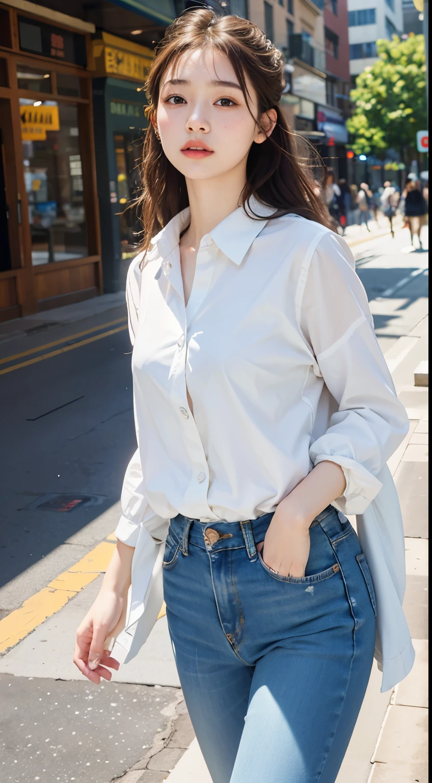 sad theme , (best quality, masterpiece:1.2), 18yo beautiful girl walking through the city, White shirt and jeans, , Shoot the Sony A7,3.5mm lens, F 1.8, lighting glow effect,No retouching,raw photo realistic, The skin texture is really detailed. ,what makeup, The backlight is yellow., Rainy Day,