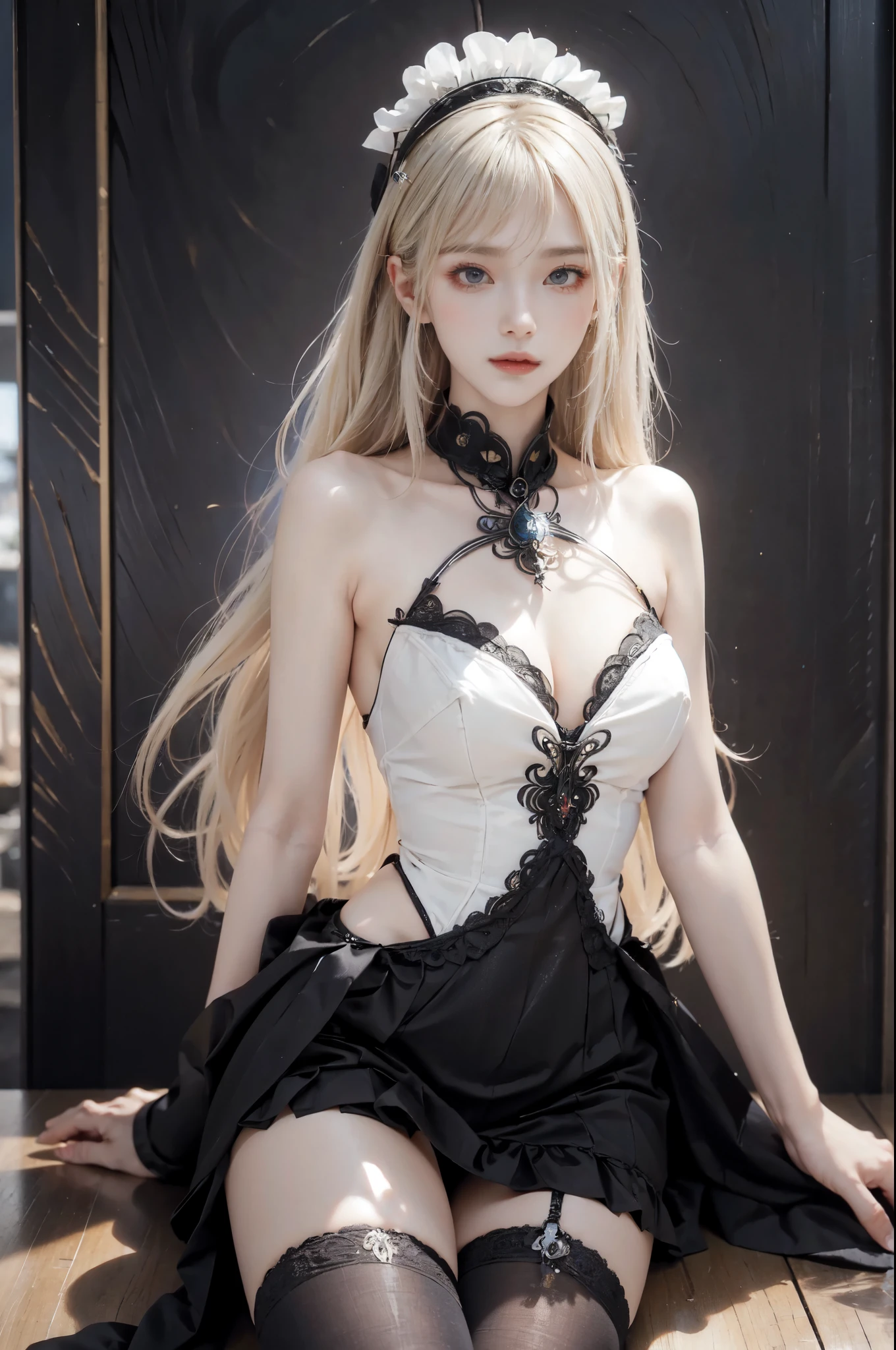 black thighhighs,dress,hitman,maid,maid headdress,thighhighs, ((1girl, Elegant posture)), Natural leg proportions, Sexy beautiful legs, correct, 解剖学correct, Visible cleavage, masterpiece, (best quality, high resolution, masterpiece:1.2), Extremely detailed, (Practical, photoPractical, photo-Practical:1.37), Official Art, CG, 解剖学上correct, Cool action,Long blond hair,Smile,Elegant posture, Seductive pose, Seductive expression, Sexual desire expression,Colorful color scheme,Trendy clothing,Columnar plaque background,Geometric pattern stitching background, Movie, photography, Intricate background, Soft lighting, Subtle shadows, Vibrant colors, Expressive eyes, Beautiful, high class boutique, Ambience, A moment of honesty, Natural expression, Detailed texture, Fine details, Refined and elegant, Exquisite style, Artistic Composition, Beautifully presented.