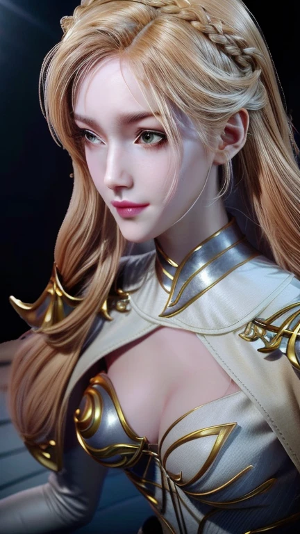 1girl, portrait of beautiful lobapex, athletic, white jacket, corset, skirt, pants, golden hair, braids, makeup, choker, cleavage, wide hips, volumetric lighting, best quality, masterpiece, intricate details, tonemapping, sharp focus, hyper detailed, trending on Artstation, realistic  