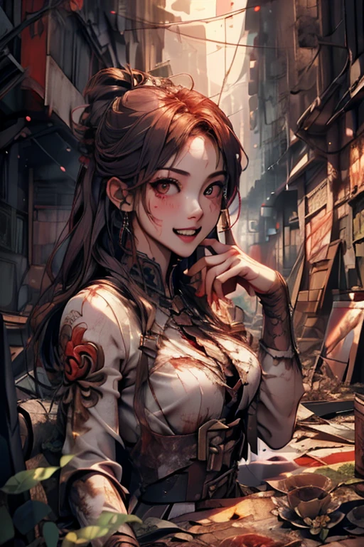 Highest quality、masterpiece、High sensitivity、High resolution、Detailed Description、Slender women、Teeth are fangs、Blood from the mouth、Red eyeball、Ruins at night、