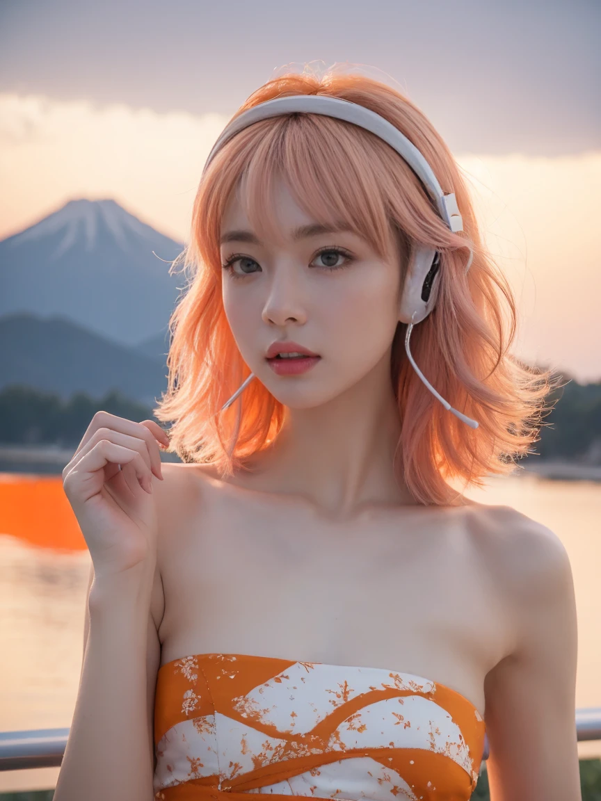 Top Quality, Masterpiece, Super High Resolution, (Actual:1.3), Original Photo, (Nature Photography), (Magnificent mountaintop, Sea of clouds), (Very wide mountain top), (Sunrise), (Girl), (Upper body), (Natural Light: 1.0), (Side View: 0.0), (Cowboy Shot: 0.0), (upper body: 1.8), (Close-up: 0.8), Portrait, Cinematic Lighting, Glow, Ray tracing, reflected light, f135mm, UHD, accurate, skin texture, super detail, great detail, high quality, highest quality, 8k, (surrealism: 1.2), BREAK, (Japanese: 1.3), (25 years old: 1.0), (Small breasts: 1.6), (Long, large, slit eyes: 1.8), (Realistic eyes: 1.8), (Height at 155cm: 1.2) , (Transparent white skin: 1.2), (Short curly bright pink hair with bangs: 1.3), (Deep eyeshadow makeup: 1.4), BREAK, (Correct hand: 1.6), (Correct fingertips: 1.6), Sexy pose, (Place hand near cheek: 1.8), BREAK, (Big white headphones: 1.4), (Wearing an orange and white printed strapless dress: 1.4), BREAK, a little fat