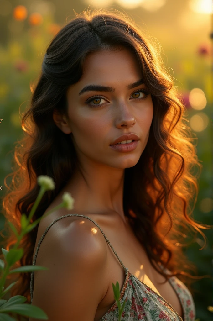 beautiful Moroccan girl, dark brown eyes, 26 years old, almond shaped eyes, oval face shape, wavy hair, 170cm, 65kg, highly detailed face, extremely detailed eyes and face, longeyelashes, detailed portrait, photorealistic, 8k, masterpiece, cinematic lighting, dramatic lighting, cinematic color palette, warm colors, glowing skin, intricate details, flowing dress, natural setting, lush foliage, golden hour