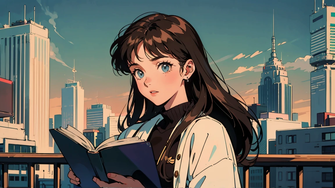 Highest quality, 8k, 2010s style,Hairstyles of the 2010s, 20-year-old girl, Brown Hair, Light brown eyes, City Pop, Reading a book, whole body