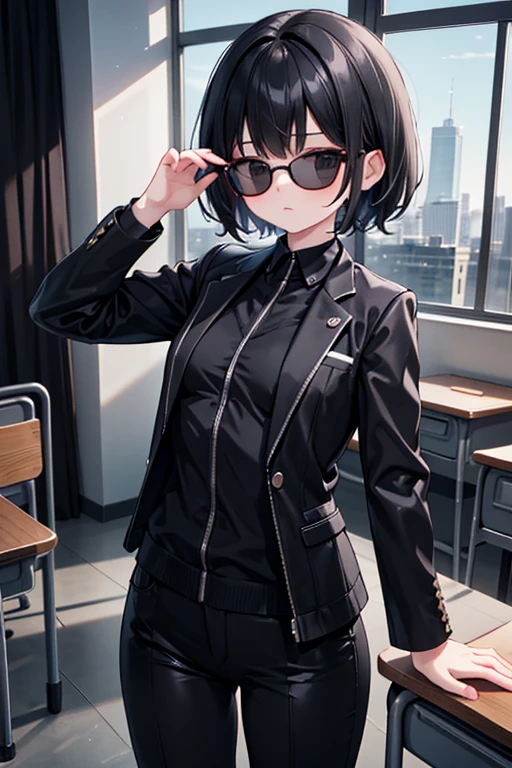 AGENT,black suits,sunglass,masterpiece,extremely detailed,highres,8k,(small breasts),cute,kawaii,1girl,black hair,10yo,short hair,standing,black eyes,in classroom background