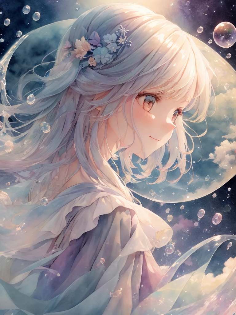 A calm and gentle atmosphere、star々Background of anime-style illustrations with the theme of the world of rainbows and water。 Adding simplicity to mystery、A pastel-toned watercolor-like worldview that is soft and fantastical。 Bubbles and light reflections。 A wizard-like girl looking up at the sky with a smile。