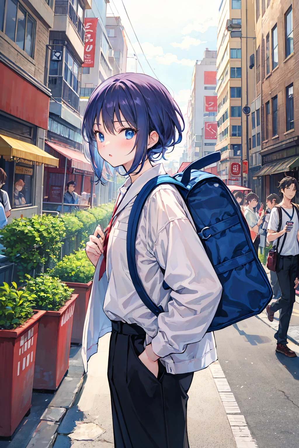 Multiple people in love々々、Couple、men and women，
An anime character is carrying a backpack on a crowded street