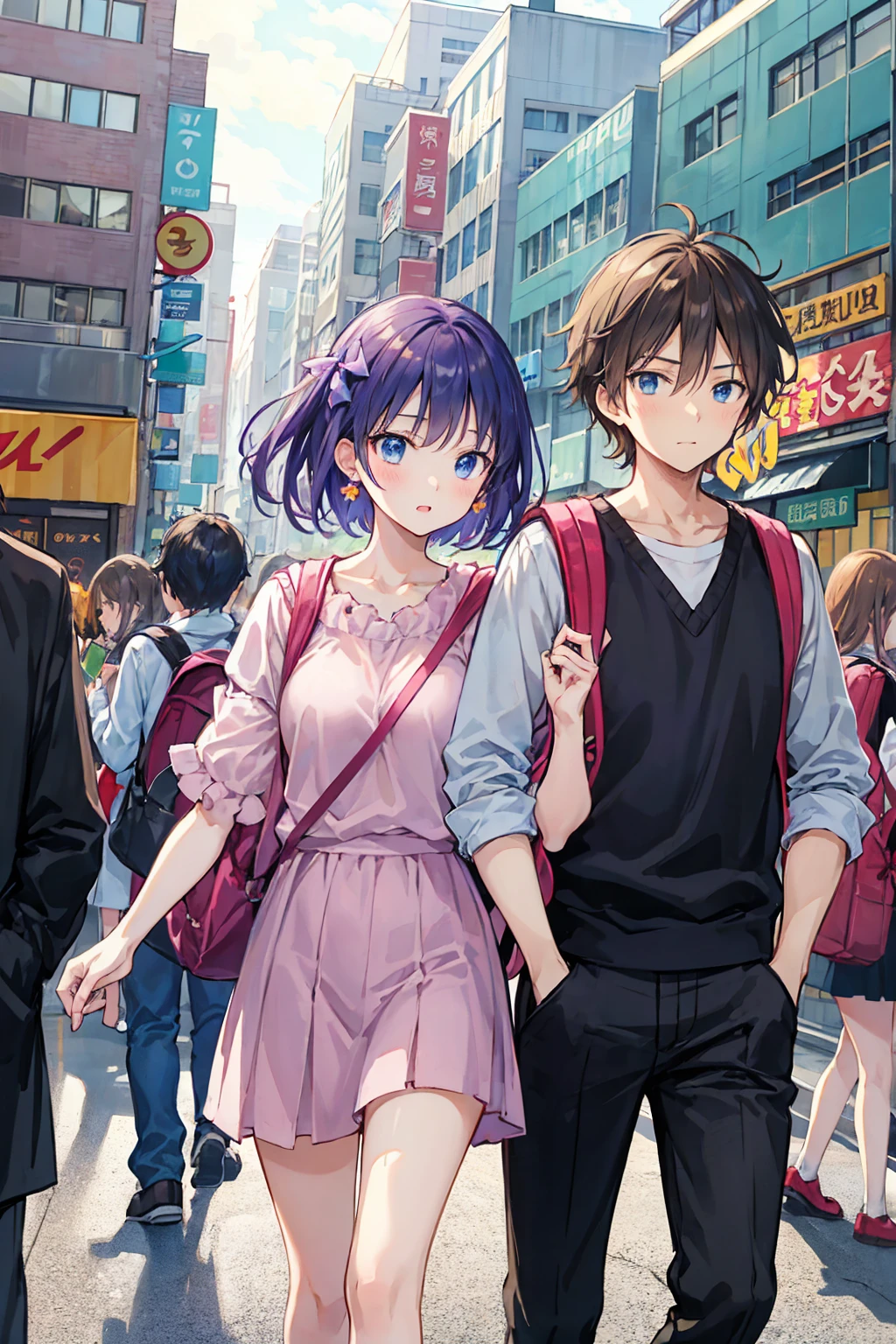 Multiple people in love々々、Couple、men and women，
An anime character is carrying a backpack on a crowded street