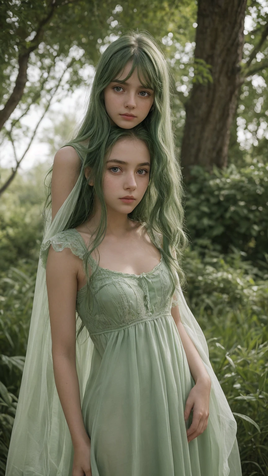 a girl. Europe. Extremely detailed face. Oval face. delicate facial features. long face. charming. gentle sad eyes. long messy hair. green hair. green eyes. Sad. shy. green silk nightgown. standing. outdoor