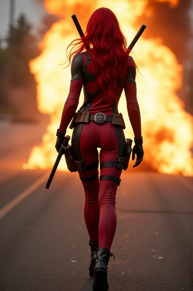 (full body shot:1.7) photorealistic image of a (walking pose:1.7) ultrarealistic, photography, long red hair, woman, 24 years old, hourglass figure, perfect body, Flirty look, natural medium breasts, wearing a female deadpool costume, walking away from an explosion in the background