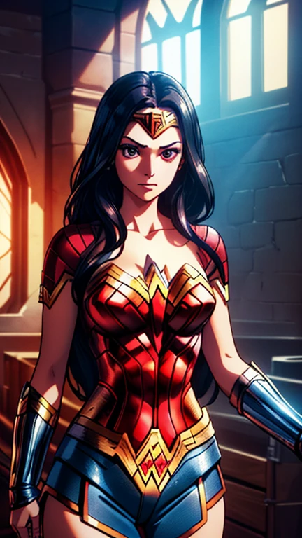 (1girl, Wonder Woman), (extremely detailed CG unit 8k wallpaper),(master part), (best quality), (ultra detail), (best illustration),(wanostyle), cowboy shot, (Sharp eyeliner, ombre, detail eyes:1), dark dungeon indoors background, ,break , (vamptech), upper body, camisa, 