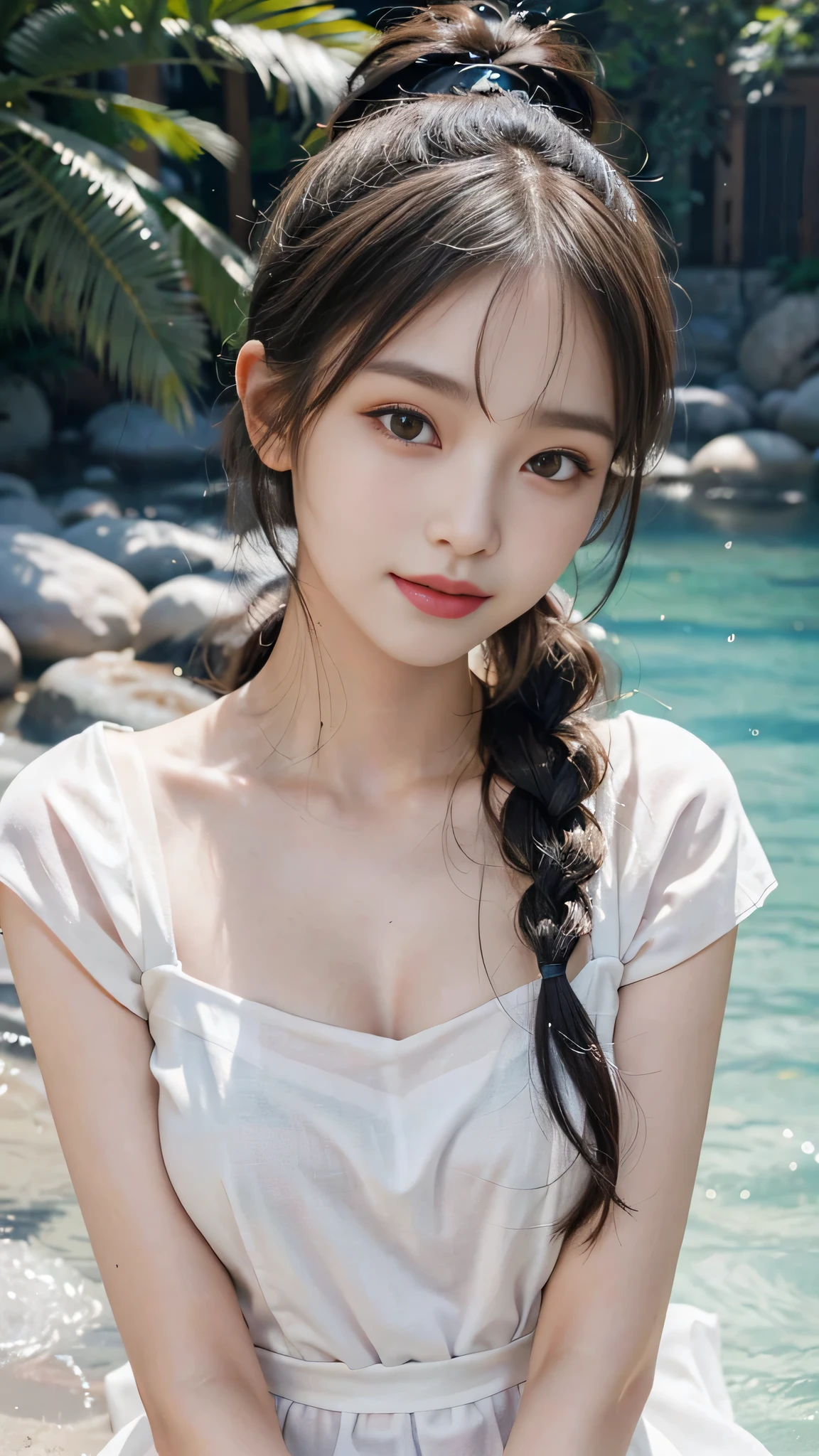 Bust Shot,Bikini,Beach,The highest image quality, High quality, the background is clear,Beautiful woman, Japanese,Ultra-detailed, finely detail, hight resolution, 8k Wallpaper, Perfect dynamic composition, Beautiful detailed eyes , Detailed, Detailed eyes, Detailed skin, Beautiful skin, 超hight resolution, (reality: 1.4),Very beautiful woman, Slightly younger face, Beautiful skin, Slender, (Ultra photo realsisim), (hight resolution), (8k), (Very detailed) (beautifully detailed eyes), (super detailed), (Detailed face), view the viewer, Fine details, Detailed face, Staring straight ahead, Staring straight ahead, photos realistic, Bright lighting, Professional Lighting, Black hair,poneyTail,a baby face,sixteen years old,Hairstyle: ponytail,Long ponytail hairstyle,slight smile,Beautiful Japanese KPOP idol photo, hair style is ponytail, my eyes are double and wide, baby face, smile and look straight ahead, Slender, small breasts,