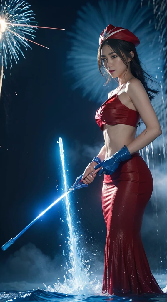 Araffe held a blue umbrella and a red hat spraying water., coming out of the blue fire, blue fire power, Anime epic of a powerful man, This character has cryokinesis., Zordon from Power Rangers, Amazing VFX, Explosion with blue light, blue and red light, Mermaid cyborg with laser whip, Explosion from Akira, with ice power