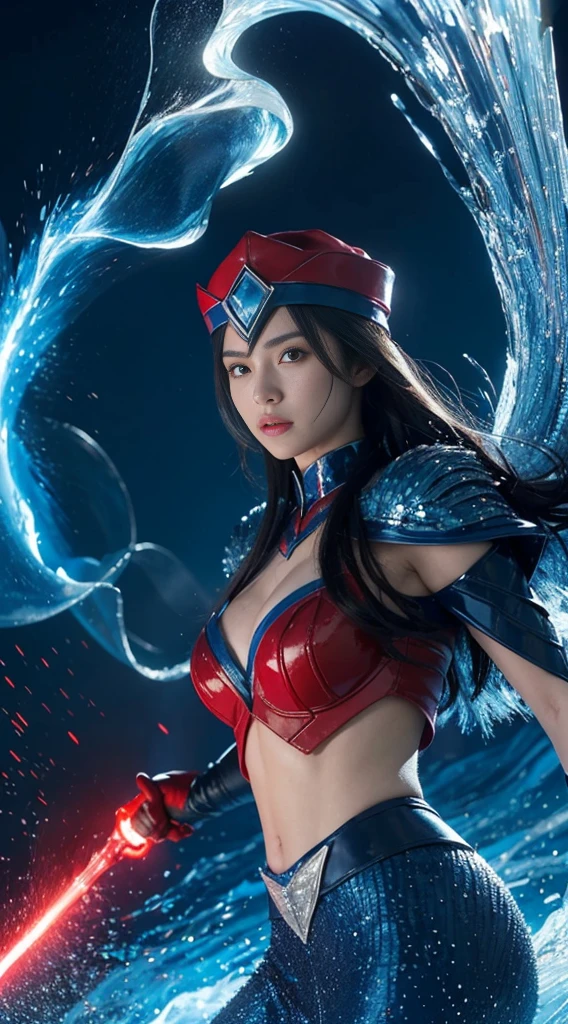 Araffe held a blue umbrella and a red hat spraying water., coming out of the blue fire, blue fire power, Anime epic of a powerful man, This character has cryokinesis., Zordon from Power Rangers, Amazing VFX, Explosion with blue light, blue and red light, Mermaid cyborg with laser whip, Explosion from Akira, with ice power