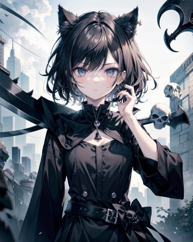 Neko ears, cat ears, black hair, grim reaper, black scythe, floating in air, above ground, black blade, absurdres, RAW photo, extremely delicate and beautiful, masterpiece, Best Quality, ultra high resolution, 32k, hyperrealistic, ultra-detailed, detailed description, pale skin, 20 years old, tearful mole, earring, short medium hair, wavy hair, whole body shot, skeleton in background, she is a necromancer. Ghost skulls. Aestetics. Black 1cat