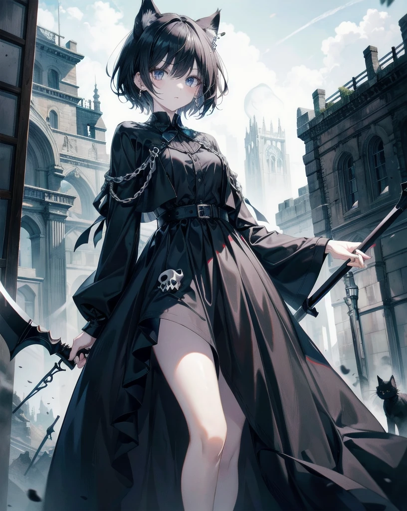 Neko ears, cat ears, black hair, grim reaper, black scythe, floating in air, above ground, black blade, absurdres, RAW photo, extremely delicate and beautiful, masterpiece, Best Quality, ultra high resolution, 32k, hyperrealistic, ultra-detailed, detailed description, pale skin, 20 years old, tearful mole, earring, short medium hair, wavy hair, whole body shot, skeleton in background, she is a necromancer. Ghost skulls. Aestetics. Black 1cat