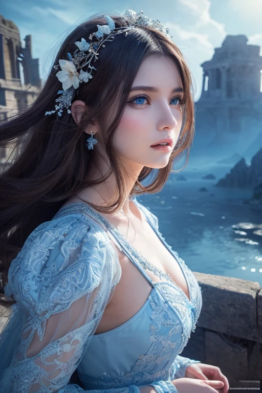 a young woman with beautiful detailed eyes, beautiful detailed lips, extremely detailed face and hair, long eyelashes, wearing a blue and white dress, standing in a fantasy landscape, detailed ruins, ancient architecture, floating islands, dramatic lighting, cinematic composition, epic fantasy, vibrant colors, highly detailed, photorealistic, 8k, best quality