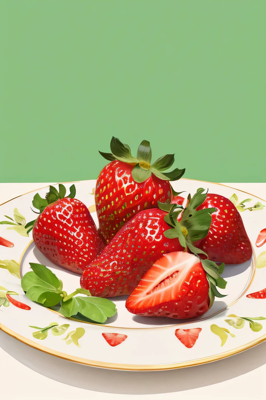 Illustrations for children's picture books,realistic, detailed illustration,plate, only strawberry, no other fruits, bananas, table, on, placed, bright, single-color, background, arrangement, red fruit, soft warm colors, fine details, simple background, hand-painted style, digital art touch,(illustration:1.5), (Watercolor:1,2), focus on strawberry
