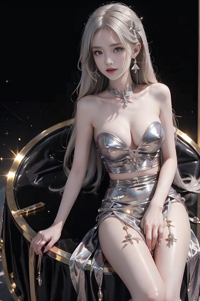 Laser glitzy dress,skirt,large breasts,navel ((1girl, Elegant posture)), Natural leg proportions, Sexy beautiful legs, correct, 解剖学correct, Visible cleavage, masterpiece, (best quality, high resolution, masterpiece:1.2), Extremely detailed, (Practical, photoPractical, photo-Practical:1.37), Official Art, CG, 解剖学上correct, Cool action,Long blond hair,Smile,Elegant posture, Seductive pose, Seductive expression, Sexual desire expression,Colorful color scheme,Trendy clothing,Columnar plaque background,Geometric pattern stitching background, Movie, photography, Intricate background, Soft lighting, Subtle shadows, Vibrant colors, Expressive eyes, Beautiful, high class boutique, Ambience, A moment of honesty, Natural expression, Detailed texture, Fine details, Refined and elegant, Exquisite style, Artistic Composition, Beautifully presented.