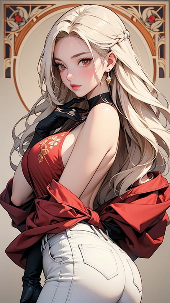 Detailed illustration in anime style. A young woman with long, flowing platinum blonde hair. An intense, seductive expression with piercing red eyes. A slight blush on her cheeks. She wears an elegant, form-fitting white outfit decorated with an intricate golden Art Nouveau pattern. The outfit includes a backless, long-sleeved top and high-waisted pants. Elbow-length black gloves. In her right hand she holds a red dagger, near her waist. Her left hand is relaxed at her side. Her body is posed sideways, looking over her shoulder. With a lustrous butt, her posture is confident and poised. Large red earrings that match her eyes. Overall, the look is fierce and elegant, with a strong emphasis on the intricate details and glittering elements of the garment.Anatomically correct,