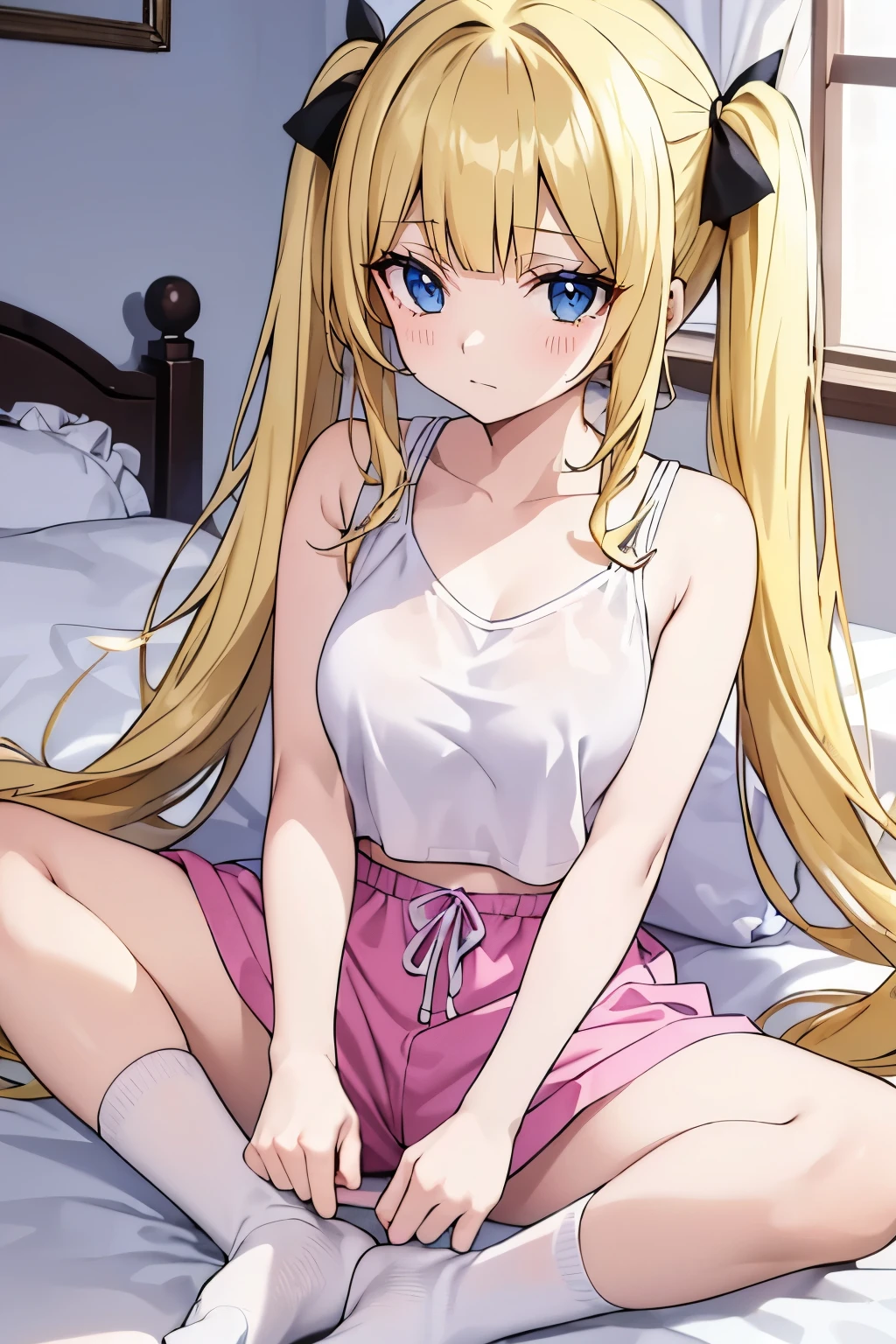 masterpiece, solo girl, (young female body:1.4), ( medium small breasts), cowboy shot, flustered, yellow golden hair, extra gold long hair, thick wavy hair, hime cut, blunt bangs, crystal blue eyes, light blue detailed eyes, bedroom background, pink pyjamas, socks, pink pyjama pants, short sleeping shorts, white tank top, short oversized blue top, white crop top, wavy curlyvoluminous twintails, huge twin tails, voluminous curly hair, butterfly sitting, crossed legs