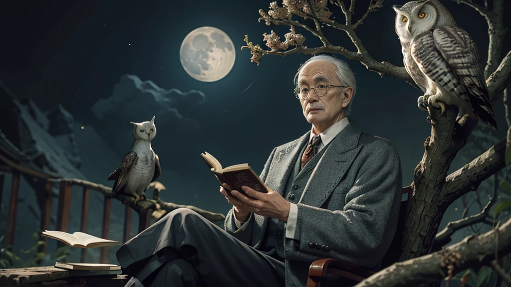 Moon in the sky, an owl perched in a branch, an old man dressed like a magician holding an ancient book, he's looking at the owl. Inspired by Junji Ito, highly detailed.