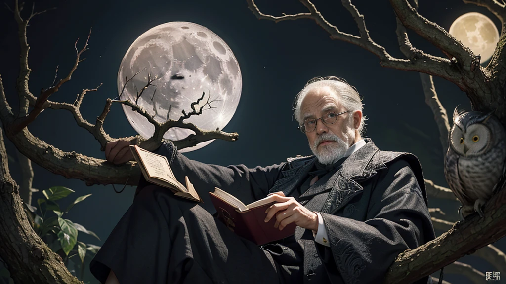 Moon in the sky, an owl perched in a branch, an old man dressed like a magician holding an ancient book, he's looking at the owl. Inspired by Junji Ito, highly detailed.