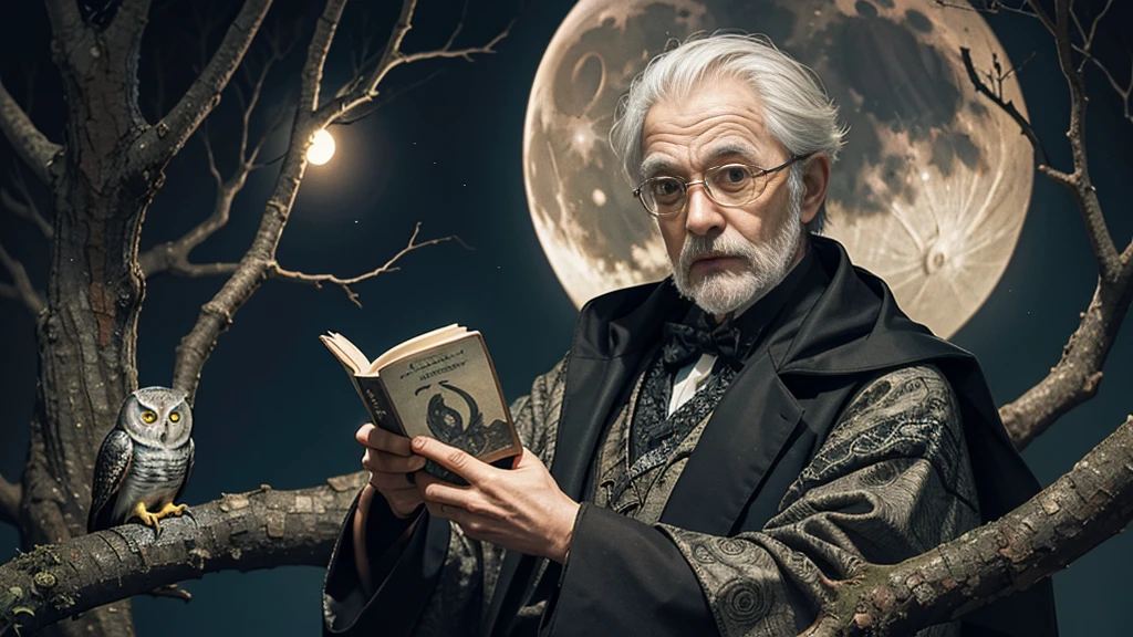 Moon in the sky, an owl perched in a branch, an old man dressed like a magician holding an ancient book, he's looking at the owl. Inspired by Junji Ito, highly detailed.