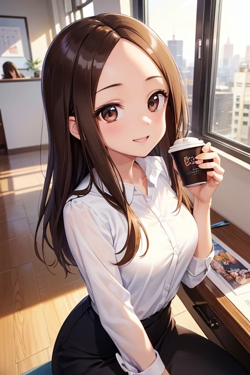 Takagi-san、Shiny brown hair, Straight Long Hair,((Medium chest、Forehead、Center part))、 Beautiful brown eyes、smile、Sparkling eyes, (fine grain)、Very fine eye、Very detailed顔, Very detailed目, Cowboy Shot、
1 sitting woman, holding a coffee cup, Office lady outfit, /(ID card strap/), Mature Woman, / (Masterpiece Top quality:1.2) Delicate illustrations, Very detailed, Big break /(Modern office indoors/), Skyscraper with windows
