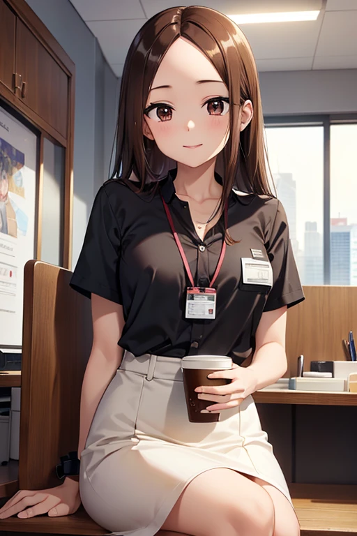 Takagi-san、Shiny brown hair, Straight Long Hair,((Medium chest、Forehead、Center part))、 Beautiful brown eyes、smile、Sparkling eyes, (fine grain)、Very fine eye、Very detailed顔, Very detailed目, Cowboy Shot、


1 sitting woman, holding a coffee cup, Office lady outfit, /(ID card strap/), Mature Woman, / (Masterpiece Top quality:1.2) Delicate illustrations, Very detailed, Big break /(Modern office indoors/), Skyscraper with windows