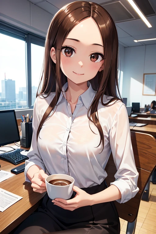 Takagi-san、Shiny brown hair, Straight Long Hair,((Medium chest、Forehead、Center part))、 Beautiful brown eyes、smile、Sparkling eyes, (fine grain)、Very fine eye、Very detailed顔, Very detailed目, Cowboy Shot、


1 sitting woman, holding a coffee cup, Office lady outfit, /(ID card strap/), Mature Woman, / (Masterpiece Top quality:1.2) Delicate illustrations, Very detailed, Big break /(Modern office indoors/), Skyscraper with windows