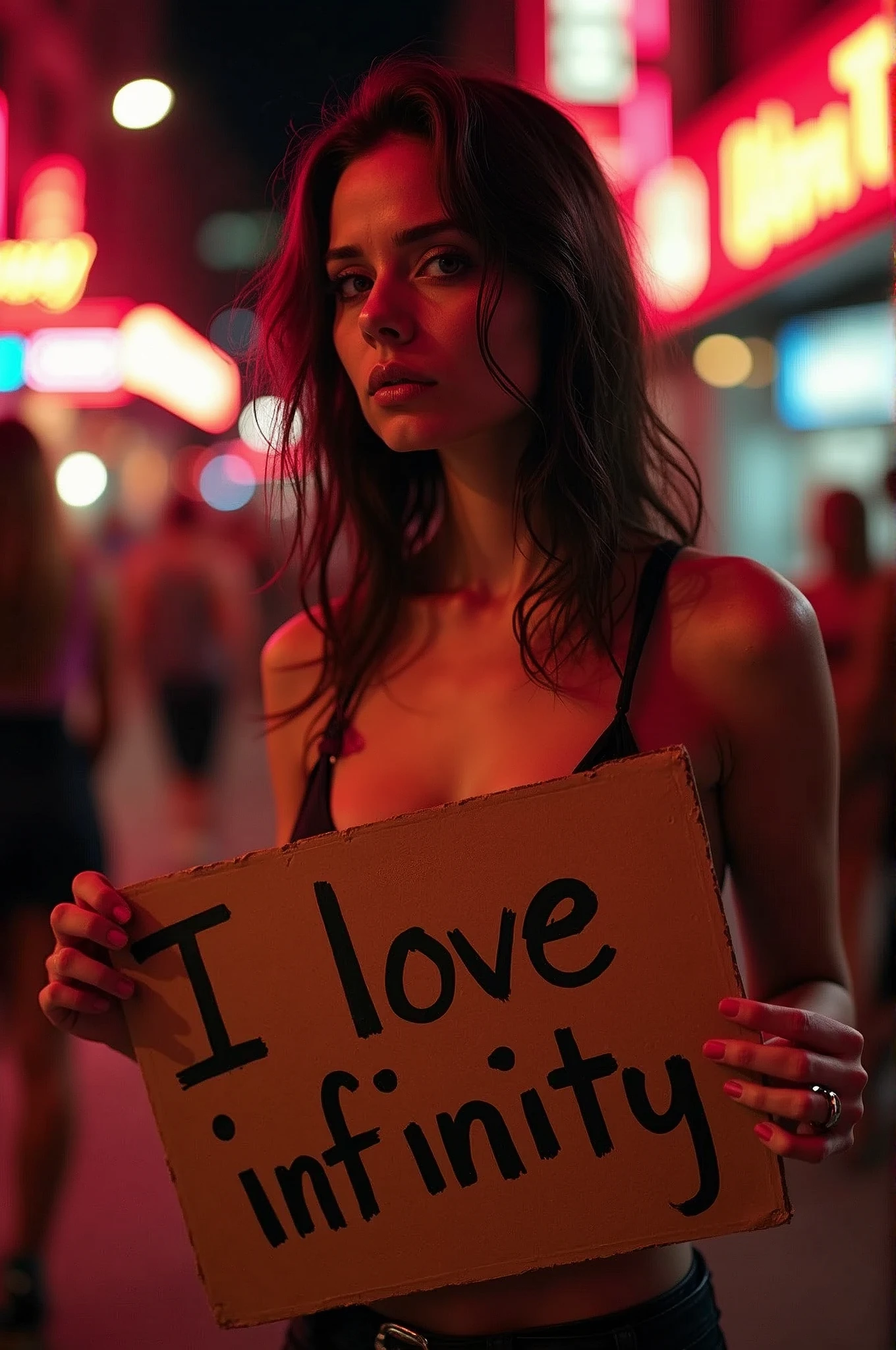 masterpiece old tired 1girl prostitute holding hand written sharpie cardboard sign "i love infinity" destitute, neon lights in the background working the strip, too much makeup, glam, evening, darkness, smoking a cigarette, too thin, gaunt