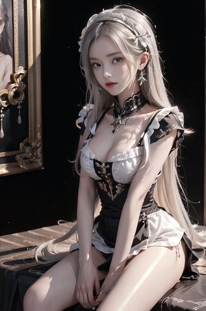 maid,dress,maid headdress,apron, ((1girl, Elegant posture)), Natural leg proportions, Sexy beautiful legs, correct, 解剖学correct, Visible cleavage, masterpiece, (best quality, high resolution, masterpiece:1.2), Extremely detailed, (Practical, photoPractical, photo-Practical:1.37), Official Art, CG, 解剖学上correct, Cool action,Long blond hair,Smile,Elegant posture, Seductive pose, Seductive expression, Sexual desire expression,Colorful color scheme,Trendy clothing,Columnar plaque background,Geometric pattern stitching background, Movie, photography, Intricate background, Soft lighting, Subtle shadows, Vibrant colors, Expressive eyes, Beautiful, high class boutique, Ambience, A moment of honesty, Natural expression, Detailed texture, Fine details, Refined and elegant, Exquisite style, Artistic Composition, Beautifully presented.