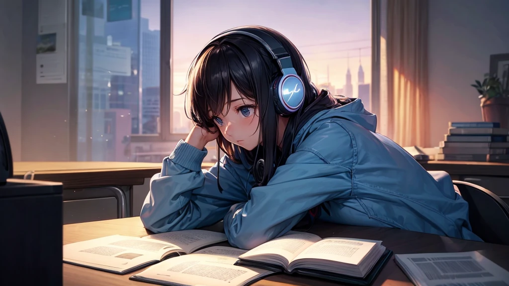 A girl studying at a desk in a room at night while listening to music