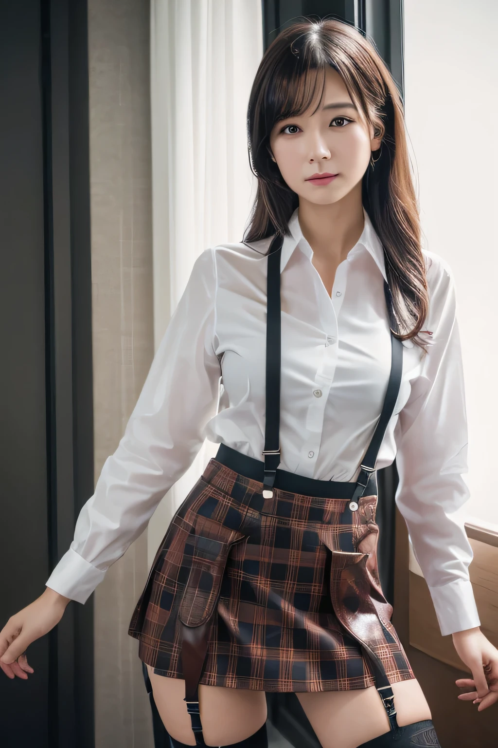1 female, , high quality, masterpiece, Ultra-high resolution, Cinema Lighting, 1 female, , high quality, masterpiece, Ultra-high resolution, , Cinema Lighting, suspenders Moderate Small face Looking up Sweat Thin belt buzzer 脇Sweat Garter belt Belt on pants holster Hands behind your back Looking up Anxious face Knee-high Knee socks Knee-highソックス garter ふとももにGarter belt Checkered mini skirt Panty skirt gap Armament holster holster Hands behind your back Anxious expression Anxious face, legs apart Armament Leg holster holster See-through clothing heavy rain Rain-soaked dress shirt,