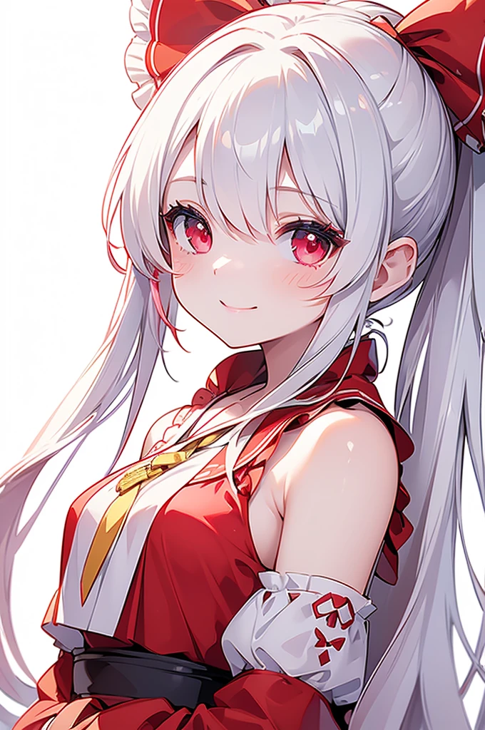 (Highest quality)　(4K)　(8k)　(High resolution)　(masterpiece:1.2)　(Super detailed)　One girl　Reimu Hakurei　smile　((White Background))　profile　Standing posture　((Upper Body))　((smile))　((Face close-up))