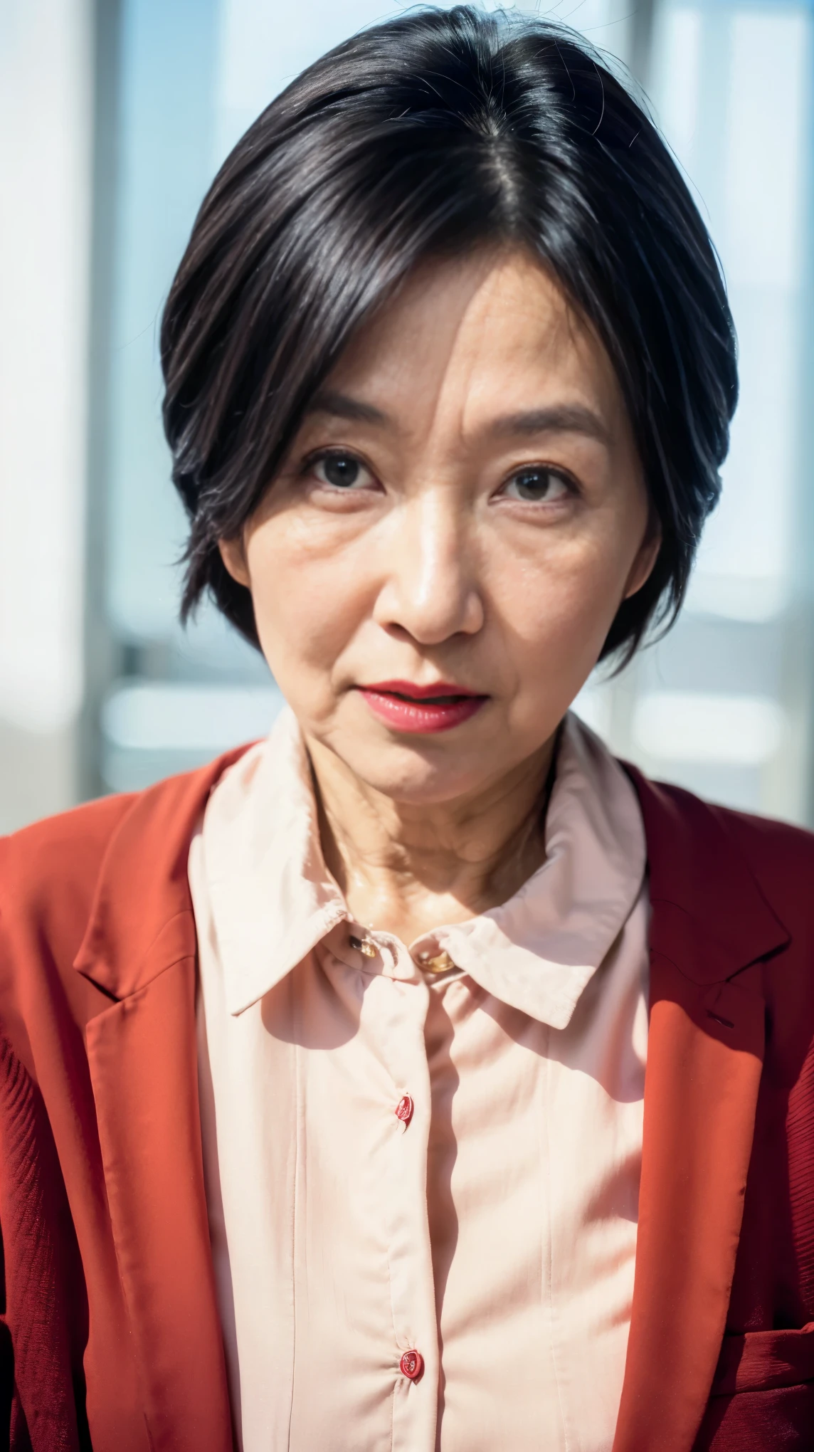 masterpiece, ((Depth of written boundary)), 32K, Beautiful finish, Face close-up, Beautiful mature woman, 65-year-old woman, Photo of your ID, Business Person, director, View from the front, A disdainful look, Cool look, Red lips, Thin lips, suit, Light from the front,